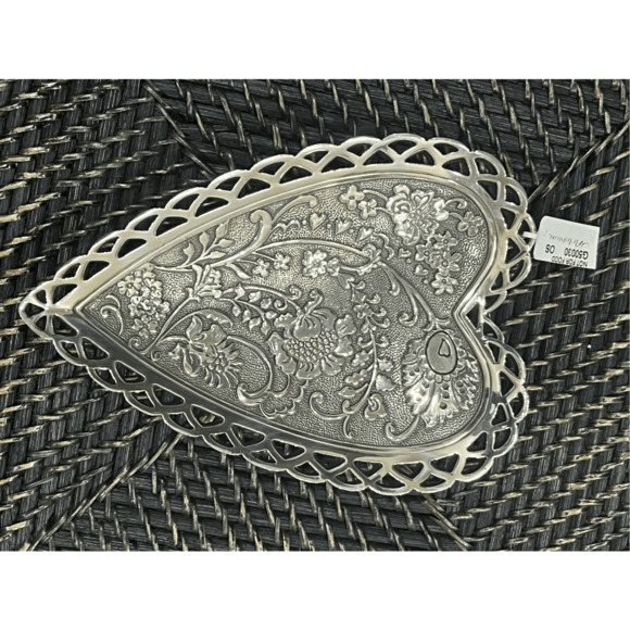 NWT Brighton Garden Heart Trinket Bowl Ornate Silver Floral Design 6.5” x 4.5 “ - Picture 2 of 6
